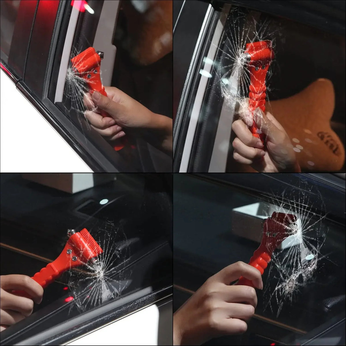 A hand uses an emergency escape hammer to cut a seatbelt, creating sparks on a dark interior surface.