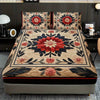 A floral gothic fitted sheet set with pillowcases featuring red, pink, and green botanical patterns on a bed.