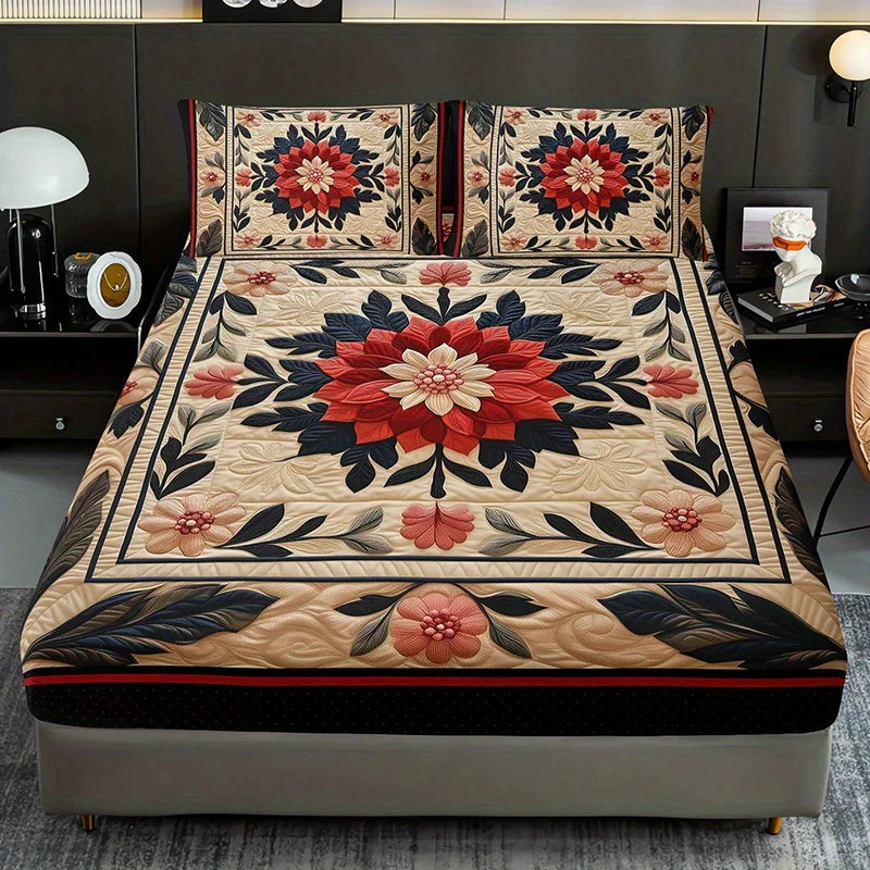 A floral gothic fitted sheet set with pillowcases featuring red, pink, and green botanical patterns on a bed.