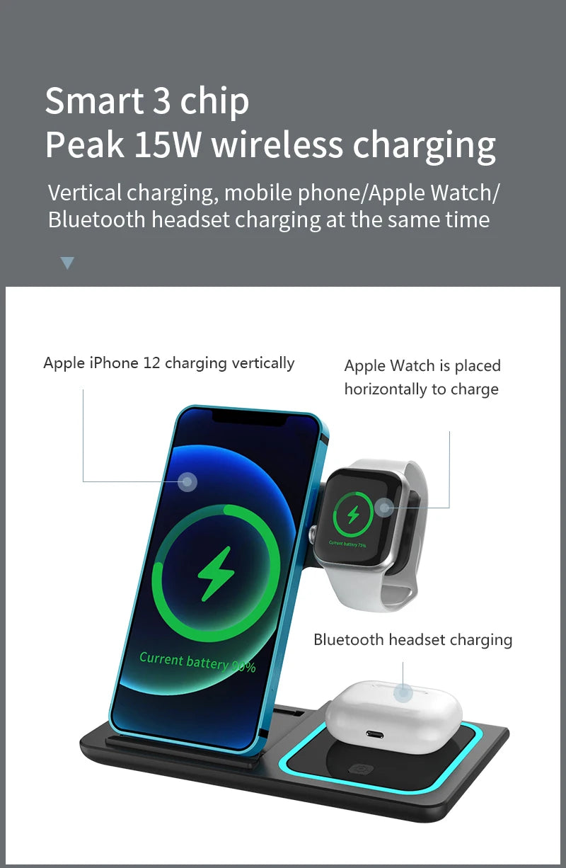 A wireless charging station shows an iPhone, Apple Watch, and Bluetooth headset charging simultaneously.