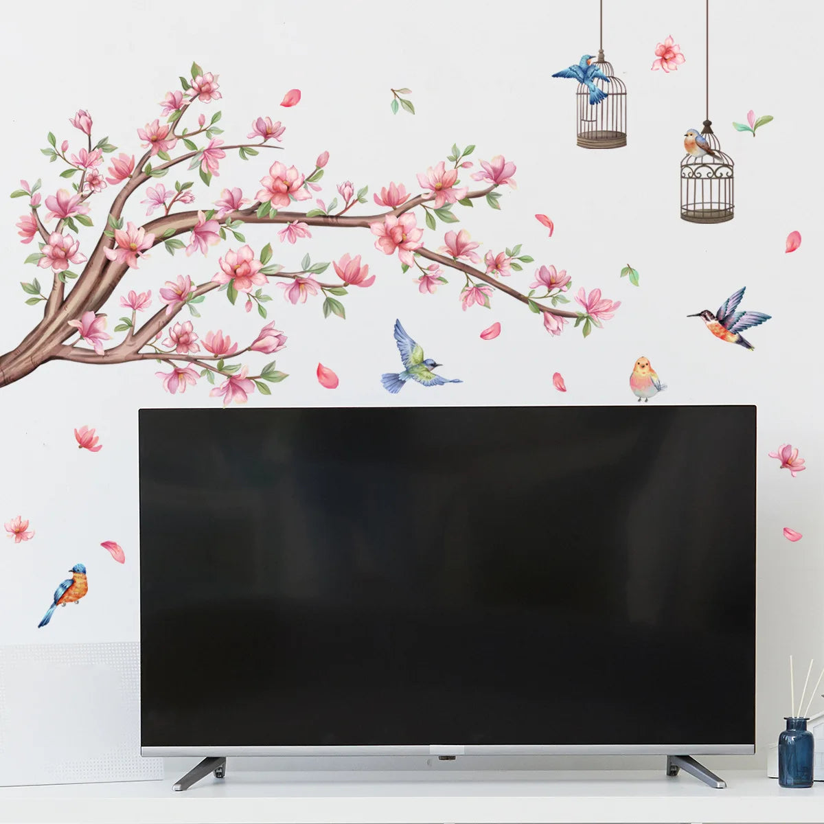 Peach Tree Branches Bird Cage Wall Decal