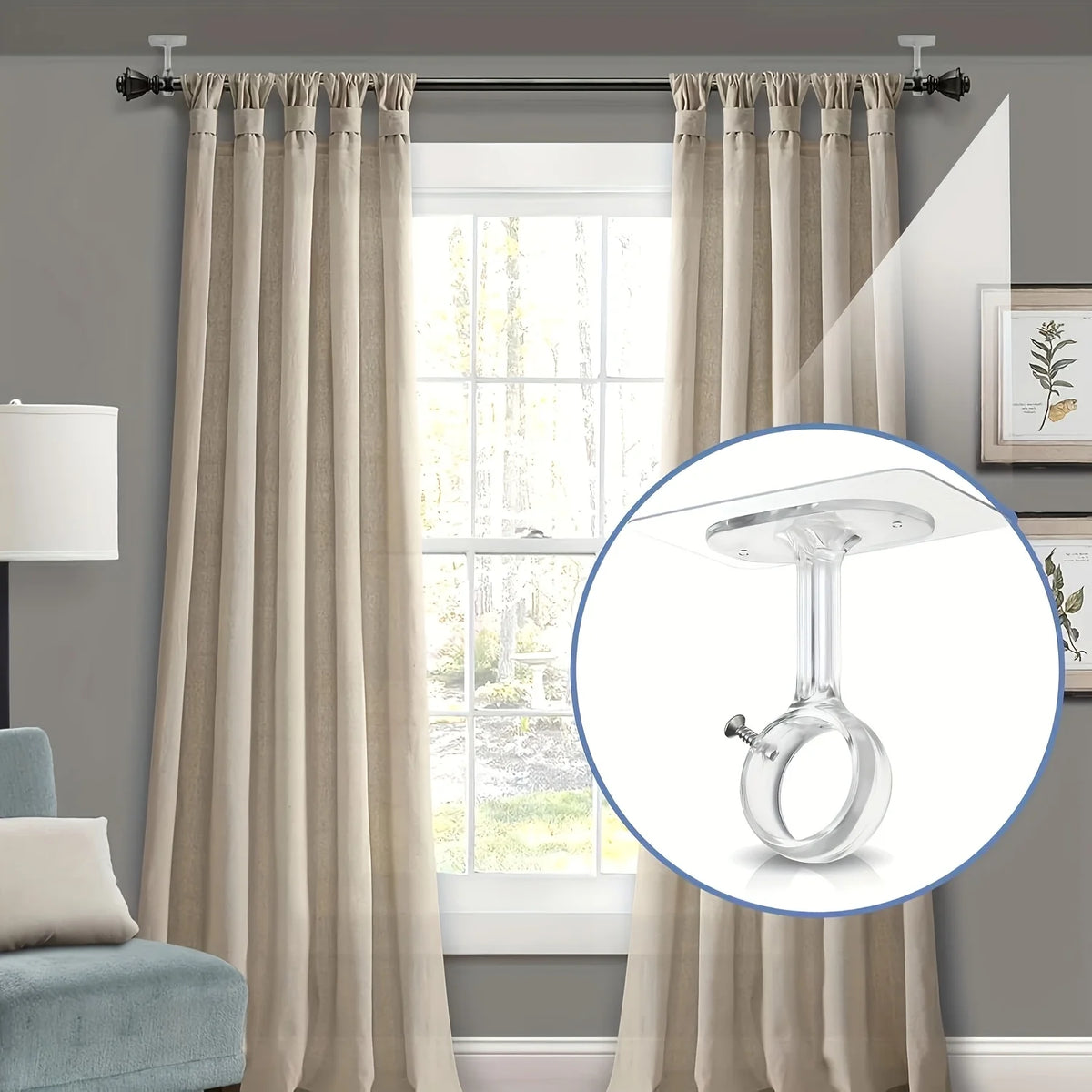 Two self-adhesive ceiling curtain rod brackets are shown mounted on a window for hanging curtains.