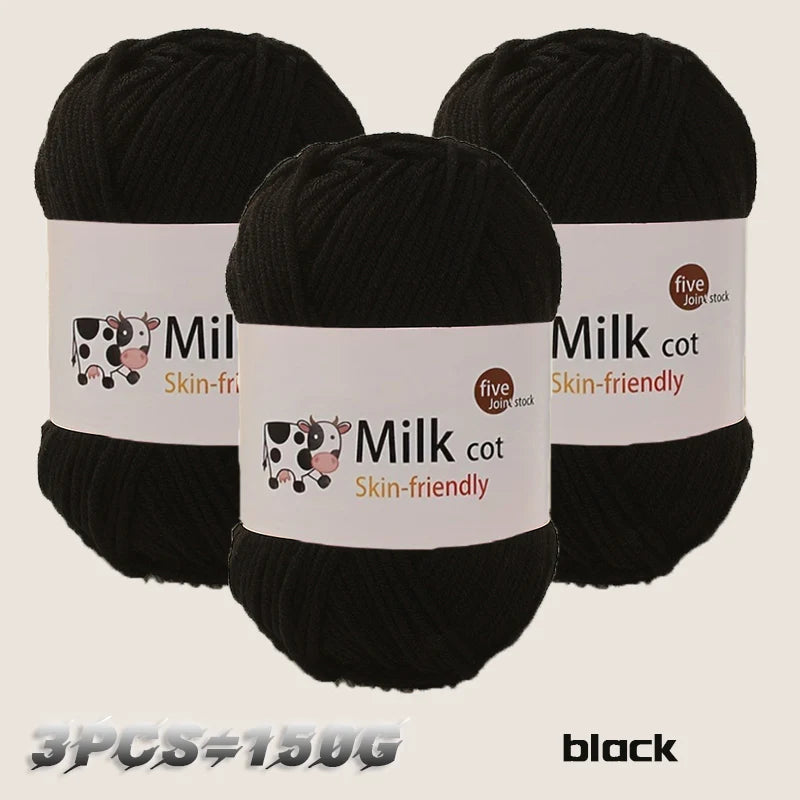 Three skeins of black Silk-friendly Milk cot yarn for knitting and crochet