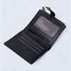 A black premium PU leather bi-fold wallet with a clear window and silver stitching.