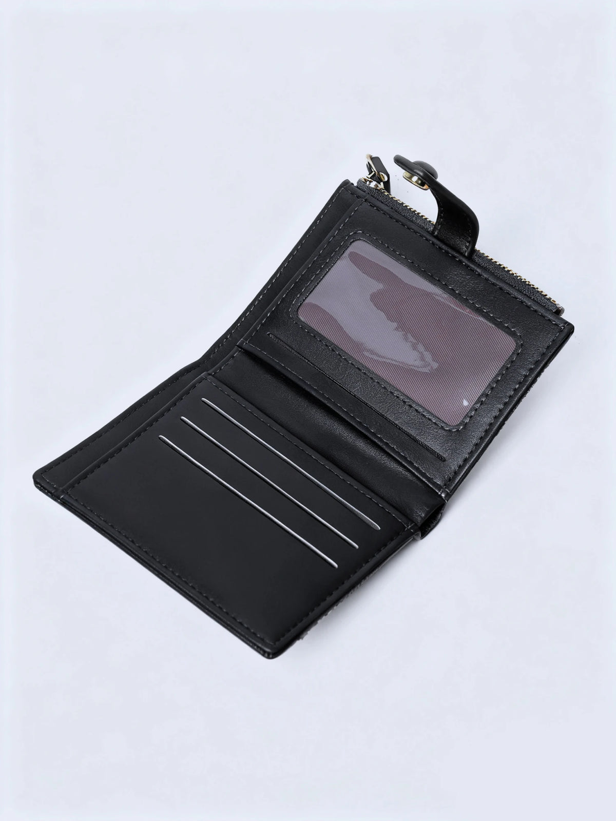 A black premium PU leather bi-fold wallet with a clear window and silver stitching.