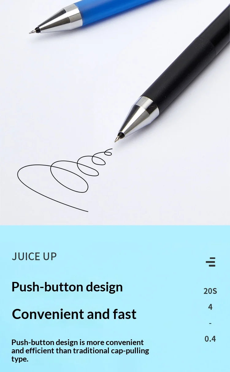 Ein schwarzer Stift zeichnet eine Spirallinie auf weißem Papier, der die praktische Druckknopf-Funktion des Juice Up Stiftes 