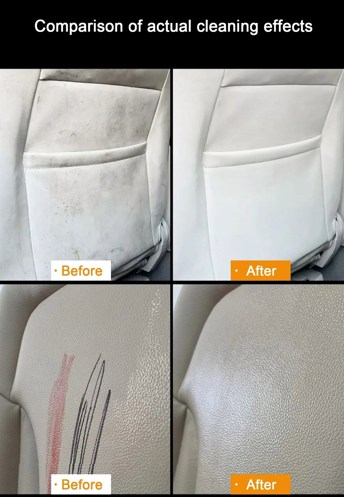 Comparison of cleaning effects showing before and after results on car interior upholstery.