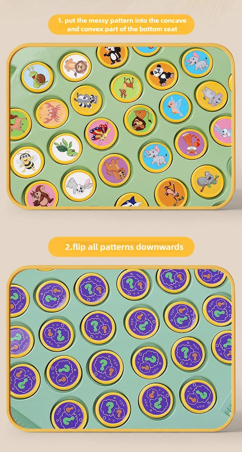 A game board with colorful animal patterns that can be flipped downwards for a memory and strategy game.