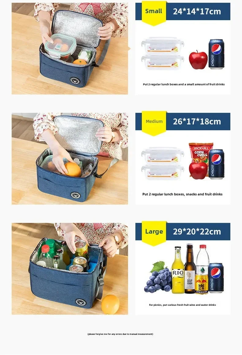 A blue insulated lunch bag with a shoulder strap is shown open, containing various food items and lunch boxes.