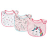 A set of three soft cotton baby bibs featuring various cartoon prints including unicorns and hearts.