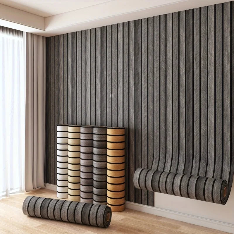 Vertical wood grain peel-and-stick wall tiles in gray and beige tones installed on a modern interior wall.