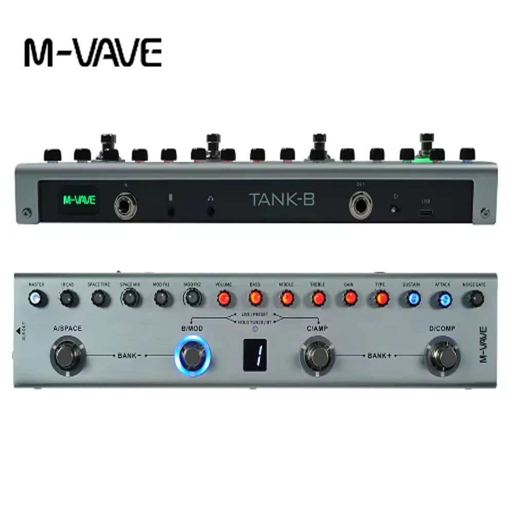 A close-up view of the M-VAVE Tank-B multi-effects guitar pedal with various controls and jacks.