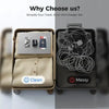 A comparison showing a clean all-in-one charger set inside a suitcase and a messy version next to it.