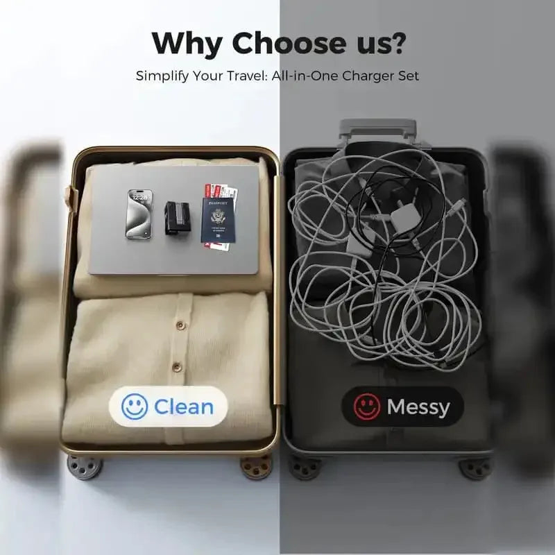 A comparison showing a clean all-in-one charger set inside a suitcase and a messy version next to it.