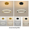 Multiple views of a modern LED ceiling light fixture in gold and black finishes.
