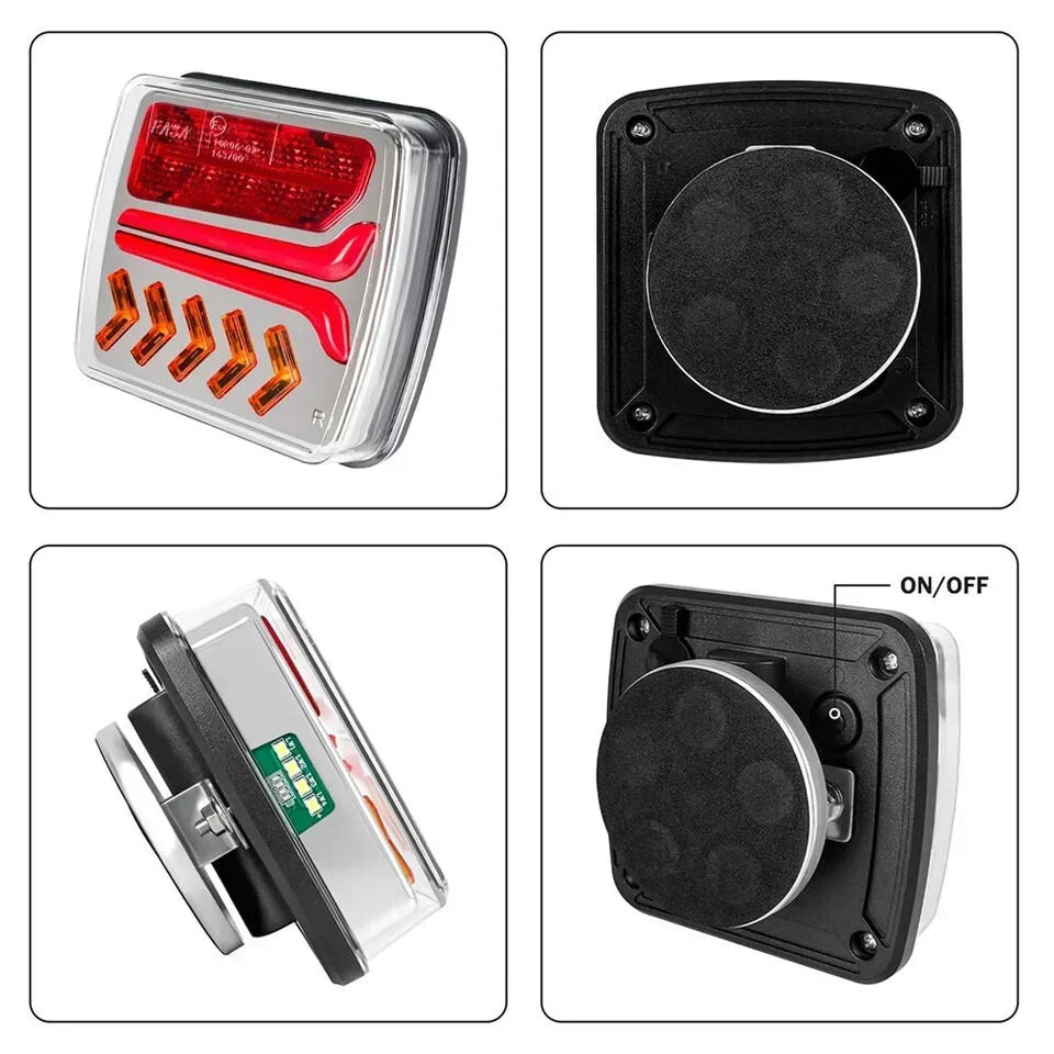 A set of magnetic wireless LED trailer lights with rechargeable batteries shown in various views.