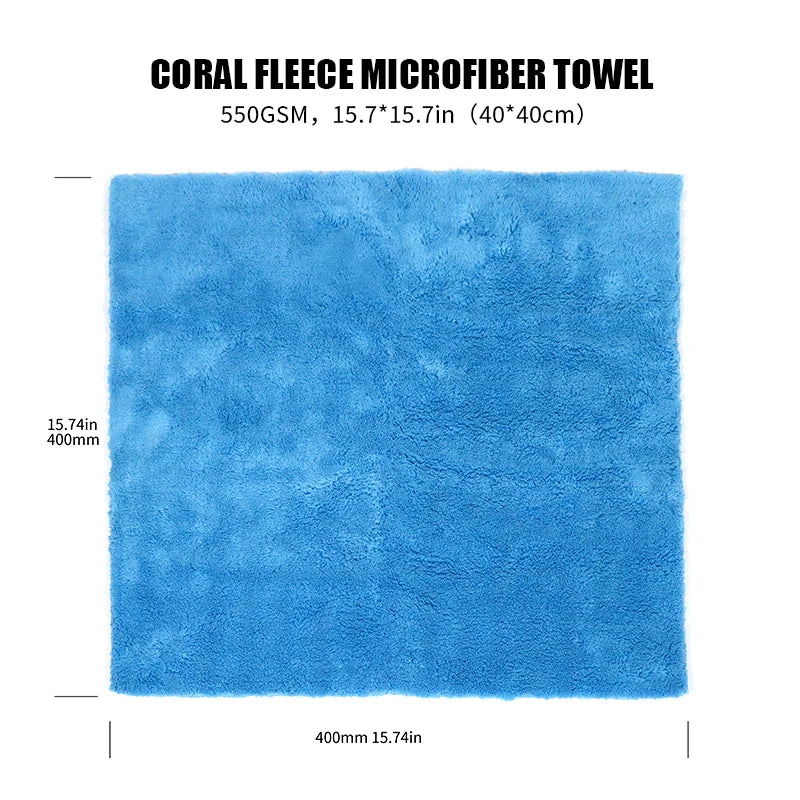 A rectangular blue coral fleece microfiber towel measuring 15.7in by 40mm.