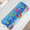 A blue cartoon bathtub mat featuring various colorful sea creatures and marine life.