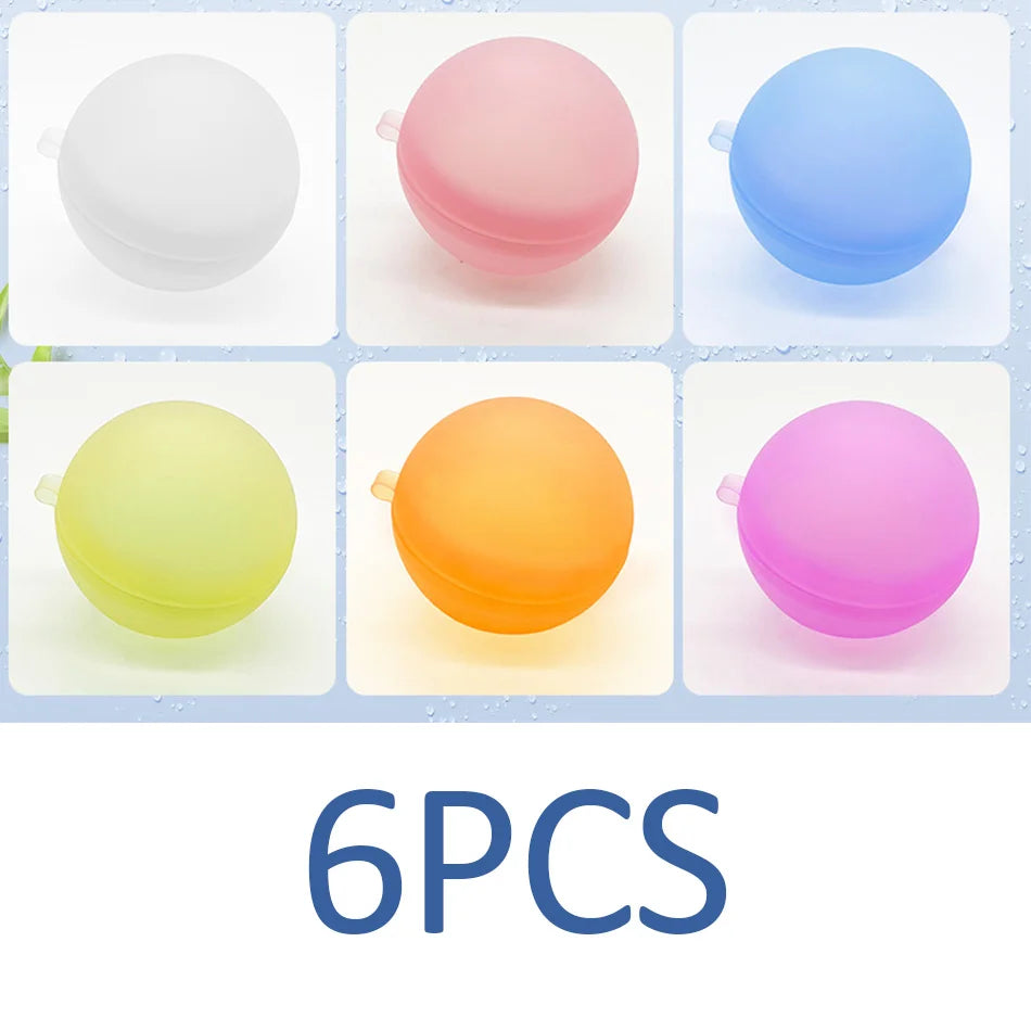 Six reusable splash water balloons in various colors including white, pink, blue, yellow, orange, and purple.