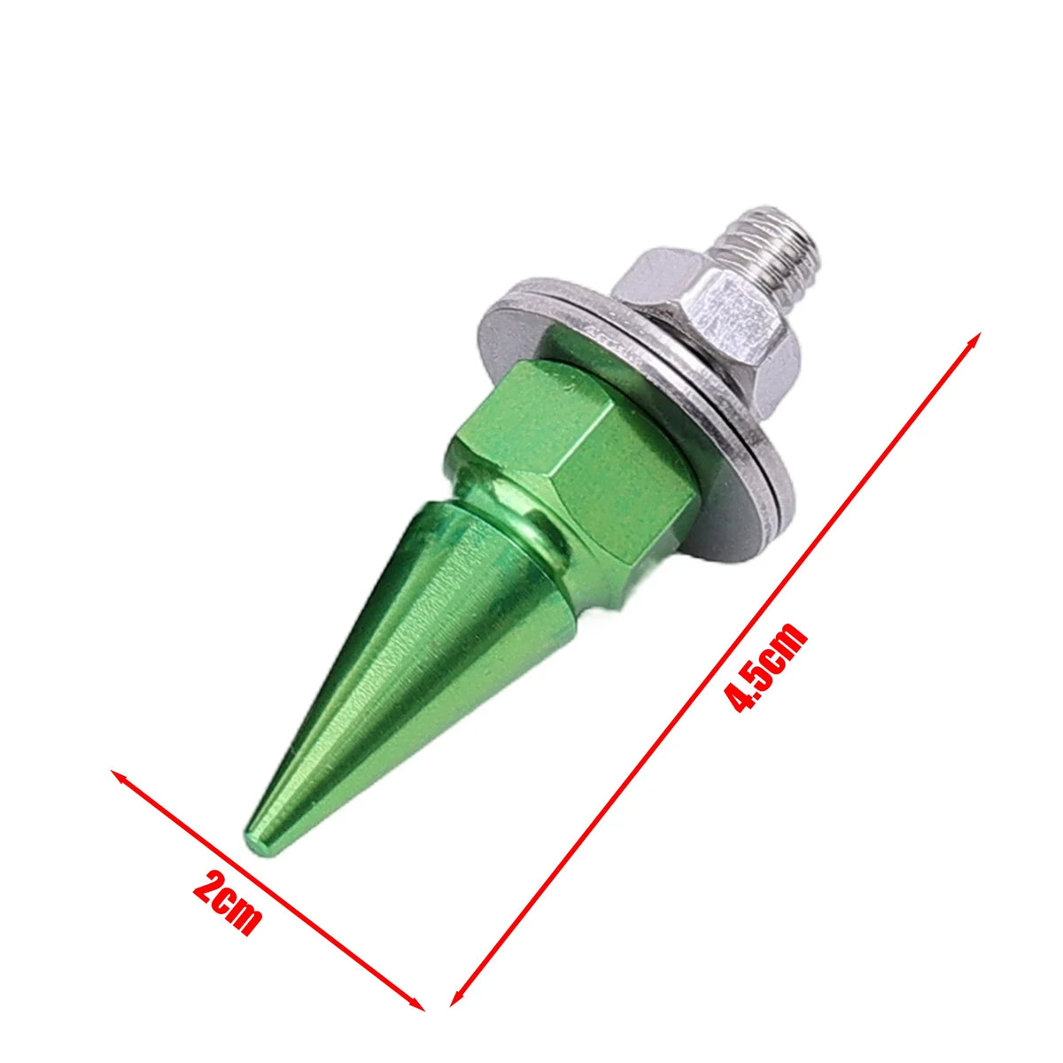 A green rust-resistant license plate screw kit with a pointed tip and threaded end, shown against a white background.