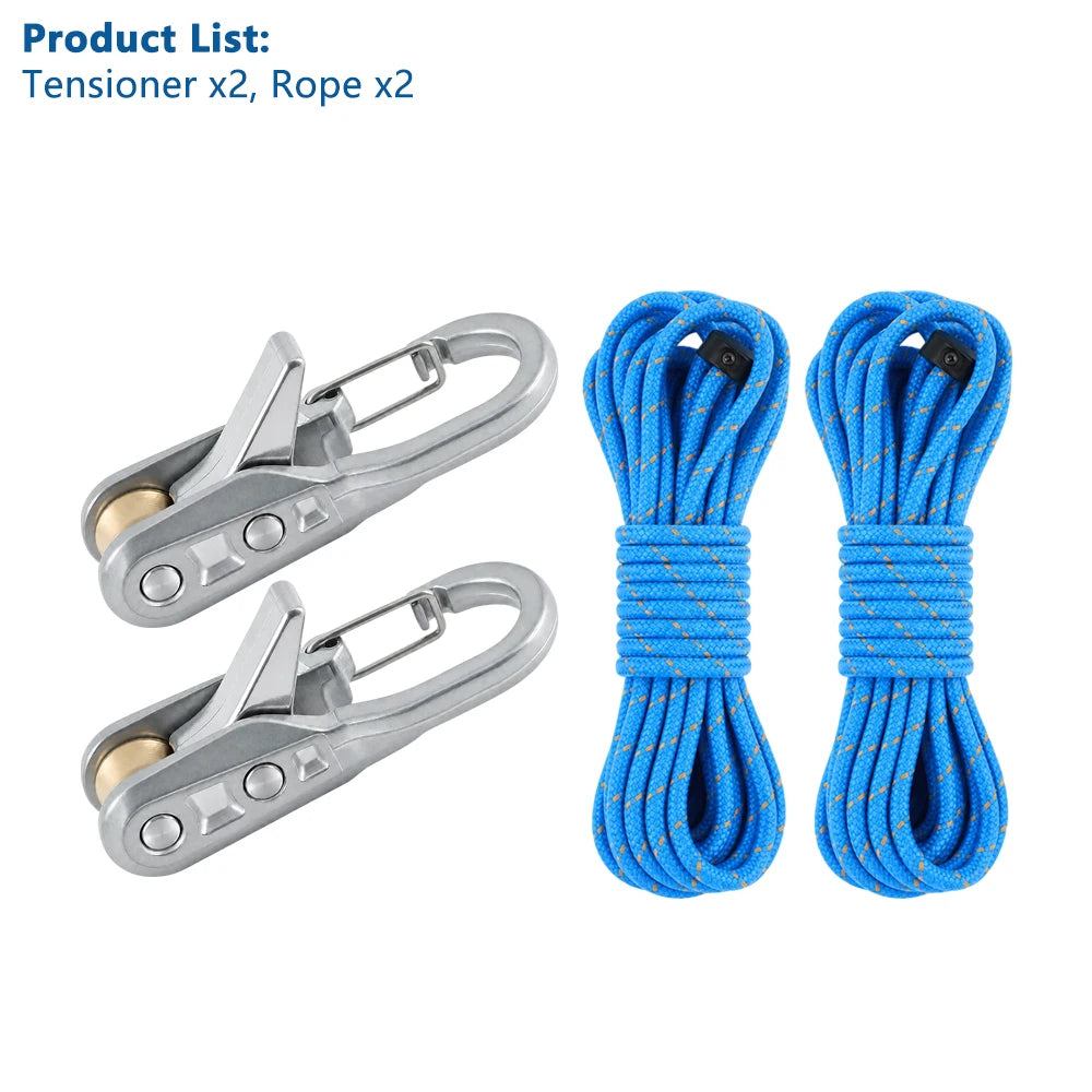 Two heavy-duty rope tensioners with reflective nylon rope are shown.