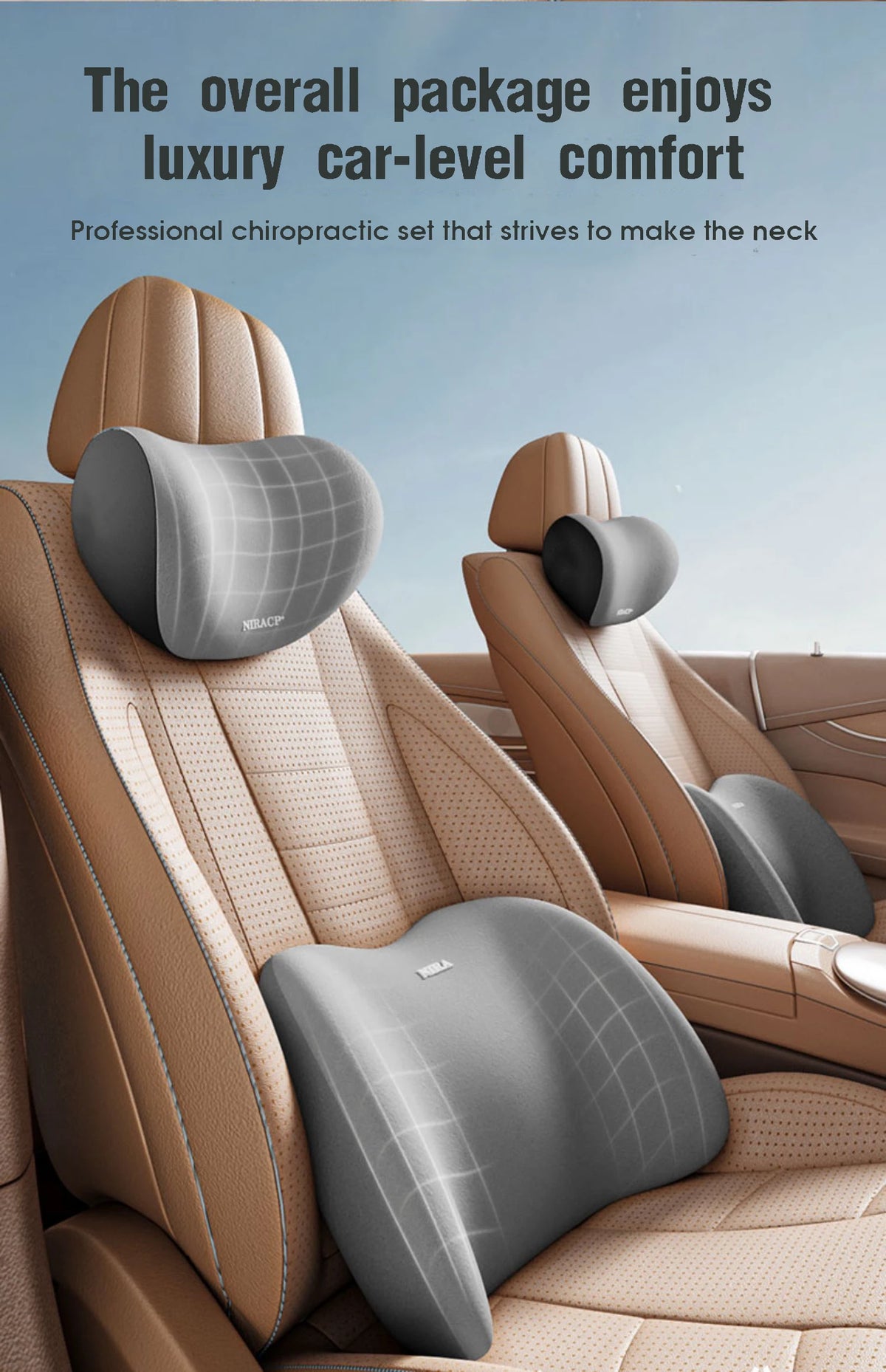 A professional chiropractic set featuring memory foam car headrest and lumbar support pillows in a tan leather interior.