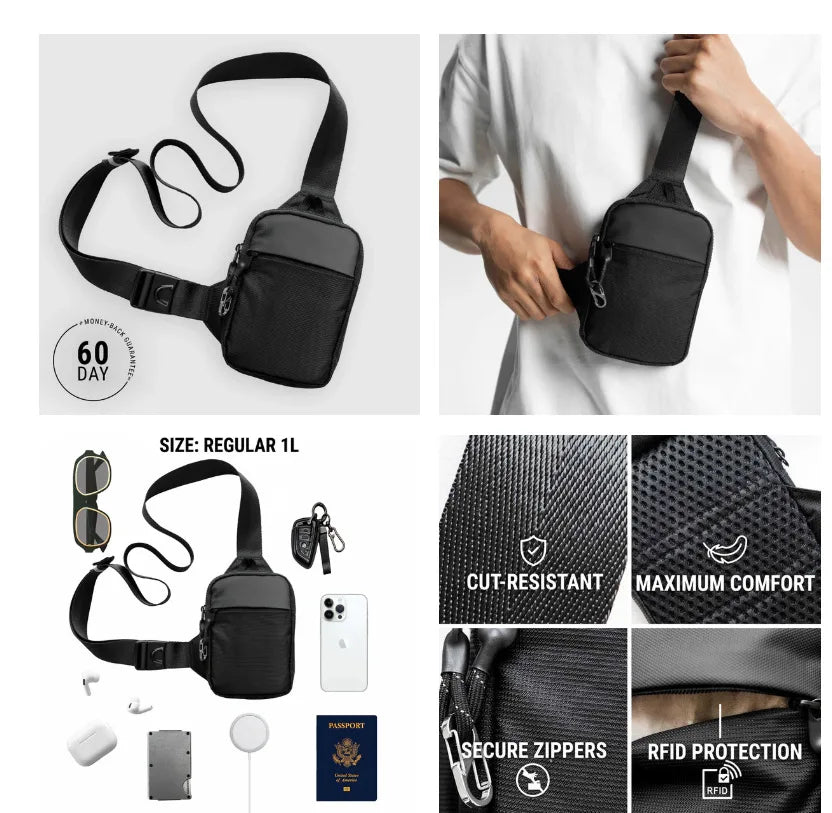 Bolso cruz de nylon negro en varias vistas, destacando material resistente y cierres seguros.