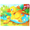 A colorful wooden jigsaw puzzle featuring a yellow chick swimming in blue water surrounded by green plants and flowers.