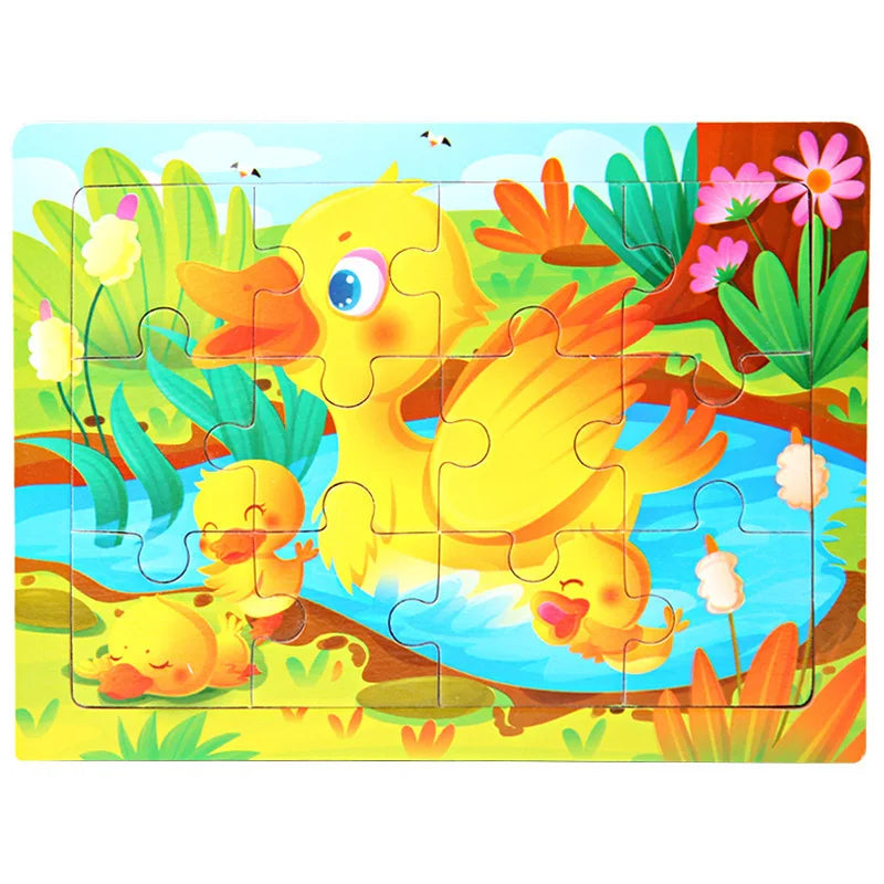 A colorful wooden jigsaw puzzle featuring a yellow chick swimming in blue water surrounded by green plants and flowers.