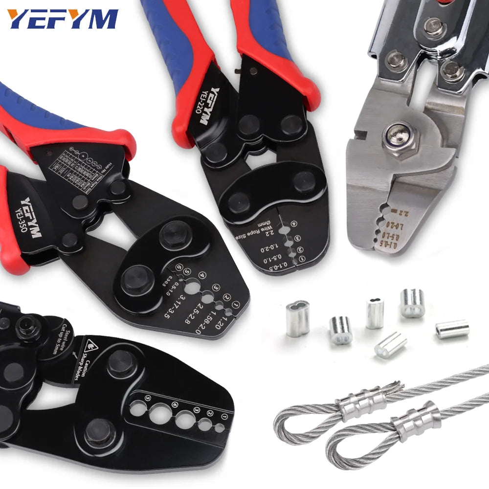 A set of YEFYM wire rope crimping tools and accessories for aluminum oval sleeves.