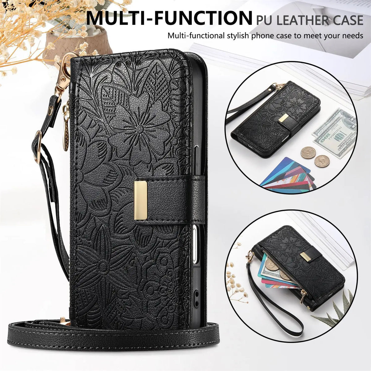 Leather Crossbody Phone Wallet Case with Card Slots & Wrist Strap