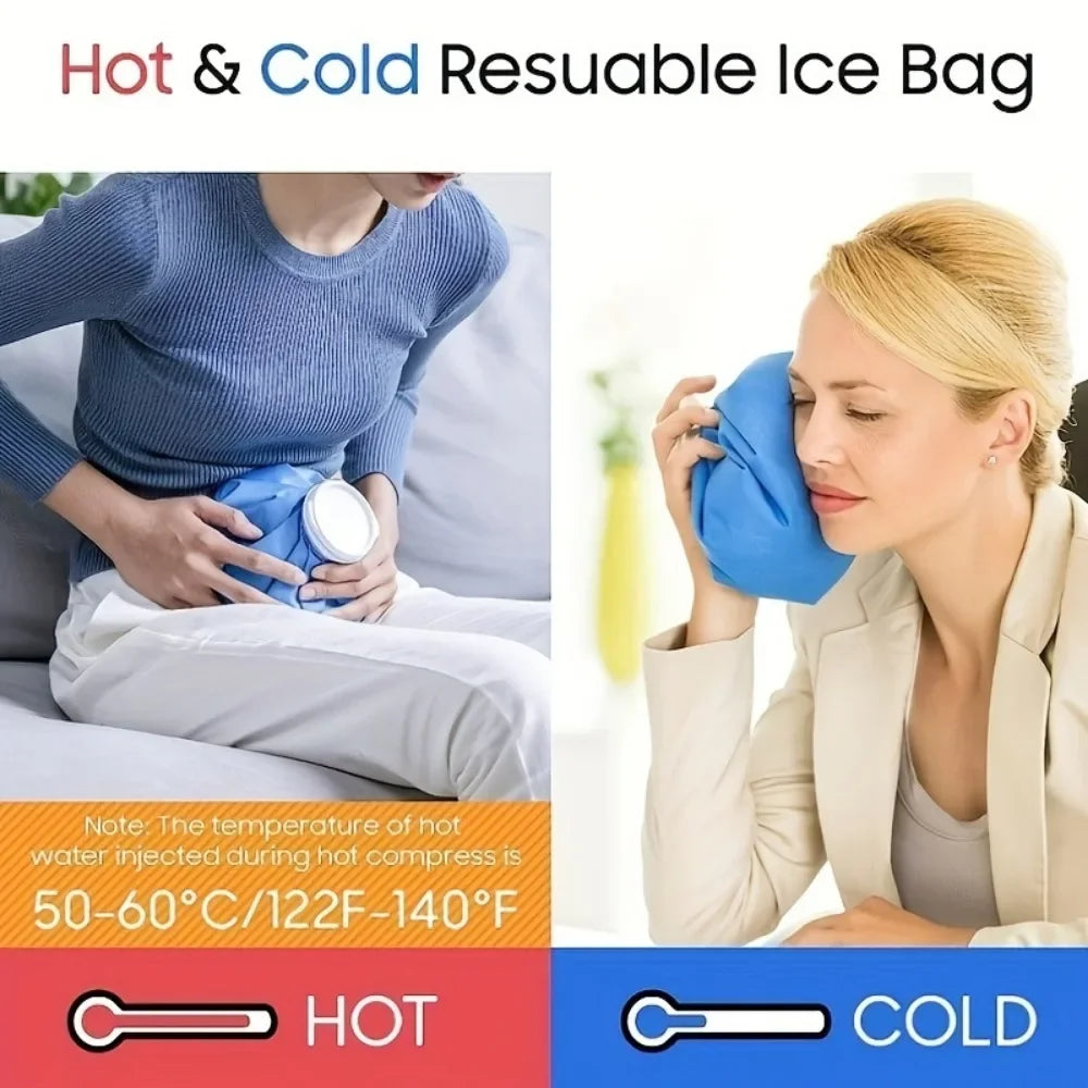 A woman is applying a reusable hot or cold ice bag to her neck, demonstrating the therapy pack.