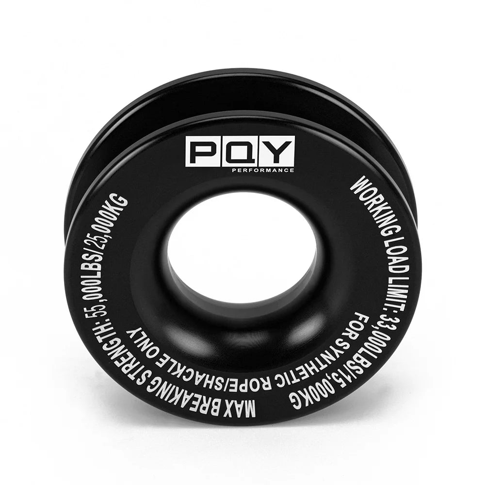 Black recovery ring and synthetic winch rope set with protective sleeve