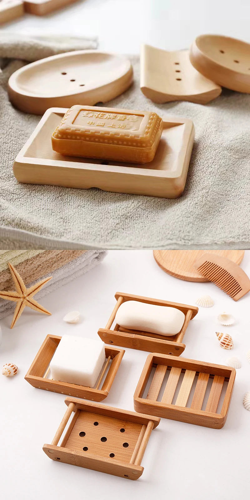 A collection of natural bamboo soap dishes and a wooden brush are displayed on a light gray towel.