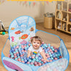 A colorful foldable ball pool with a sea animal theme, featuring a large playpen and a basketball hoop.