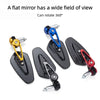 Three carbon fiber motorcycle rearview mirrors with blue and red lenses mounted on a black base
