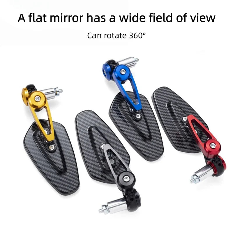 Three carbon fiber motorcycle rearview mirrors with blue and red lenses mounted on a black base