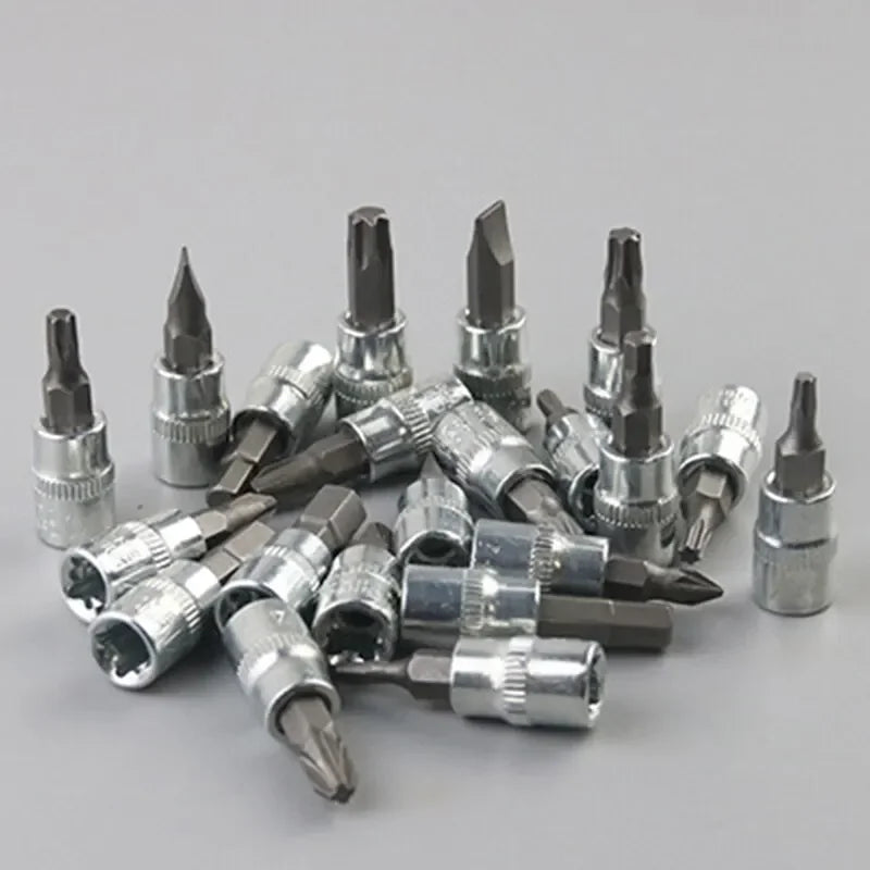 A collection of 46 auto repair tools including various sockets and a ratchet wrench displayed on a gray background.
