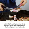 Hands using stainless steel BBQ tongs to flip meat on a grill.