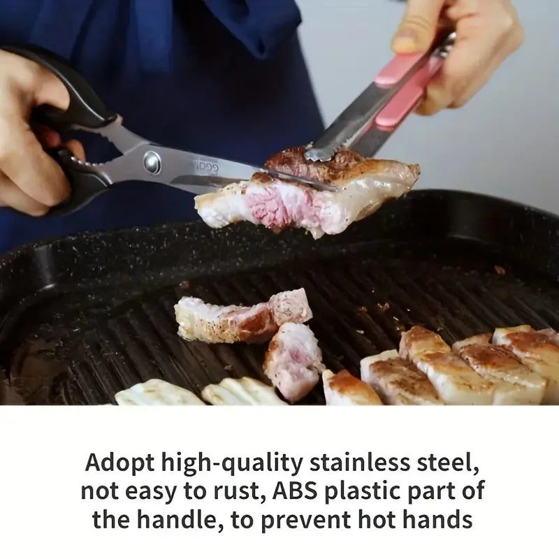 Hands using stainless steel BBQ tongs to flip meat on a grill.