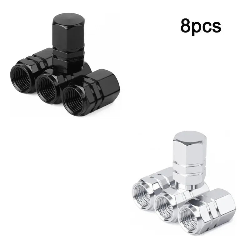 Eight black aluminum alloy tire valve caps for various vehicles