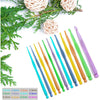 A set of twelve colorful plastic crochet hooks in various sizes ranging from 2.0mm to 10.0mm displayed on a green branch.