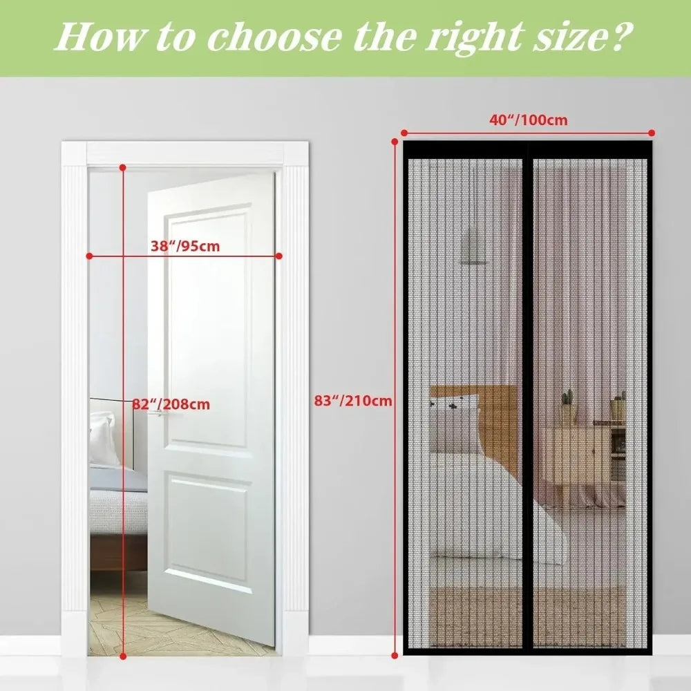A white magnetic screen door curtain installed in a doorway, showing its size relative to a door frame.