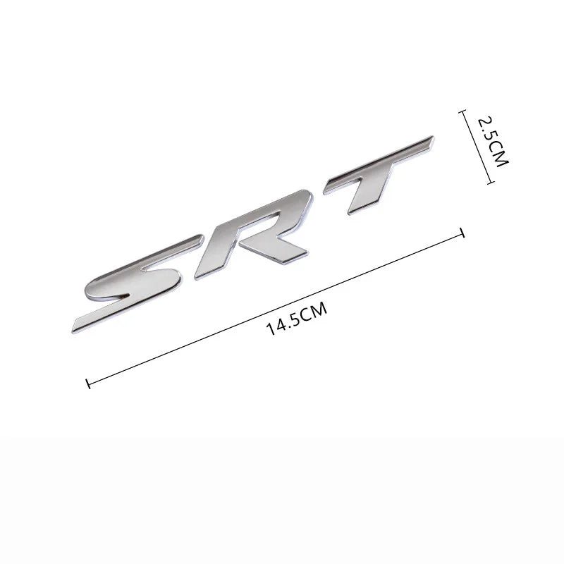 Silver metal SRT grille emblem with dimensions showing 2.5cm height and 14.5cm length