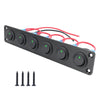 Black panel with four circular joystick switches and red and blue wires for an LED toggle switch.