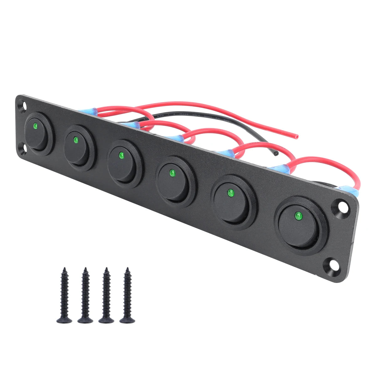 Black panel with four circular joystick switches and red and blue wires for an LED toggle switch.