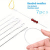 A set of seven beaded needles made of stainless steel are shown next to a hand demonstrating their flexibility.
