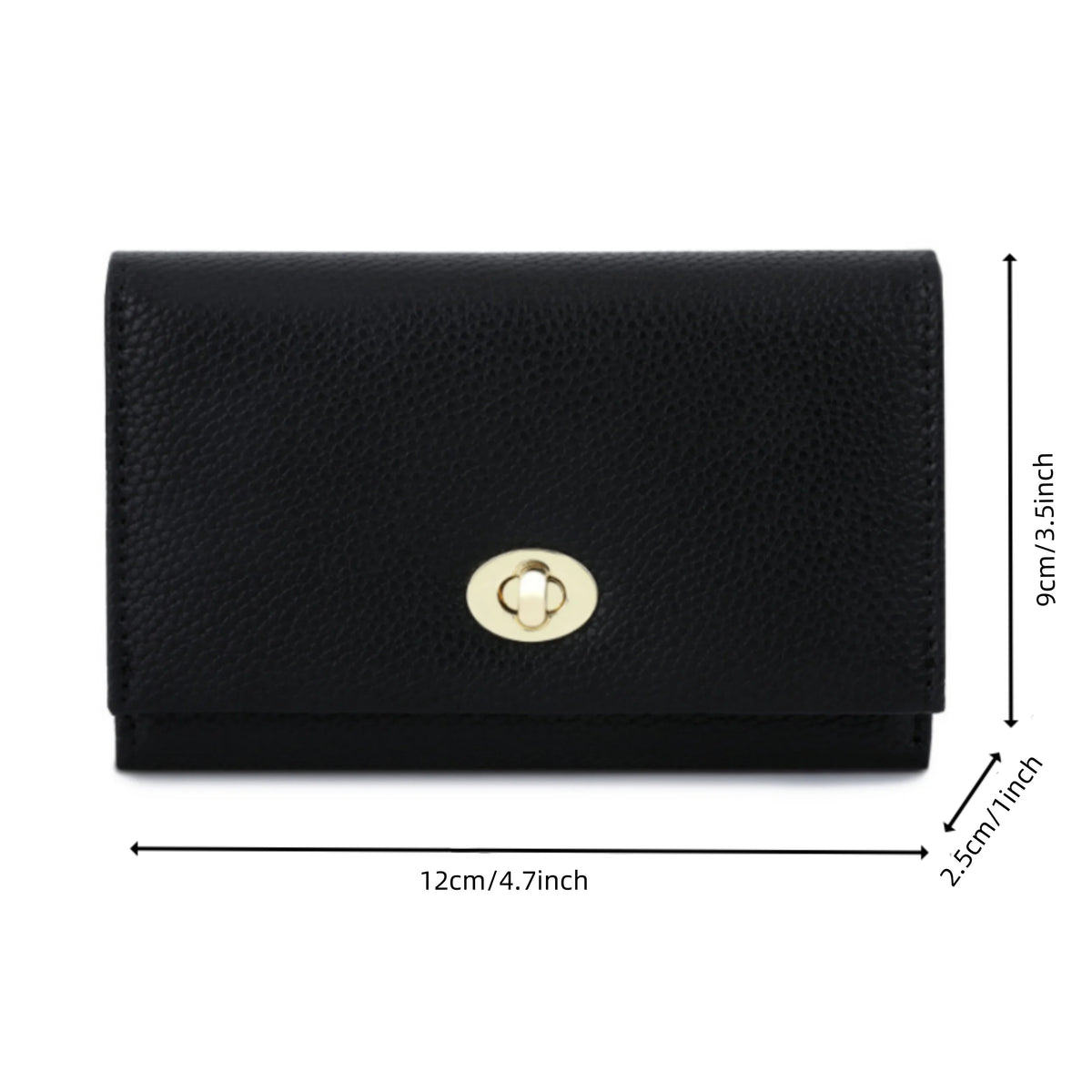A sleek black compact wallet shown from the top, featuring a gold-toned clasp.