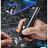 A hand holds a black soldering iron with an adjustable torque feature, positioned over a circuit board.