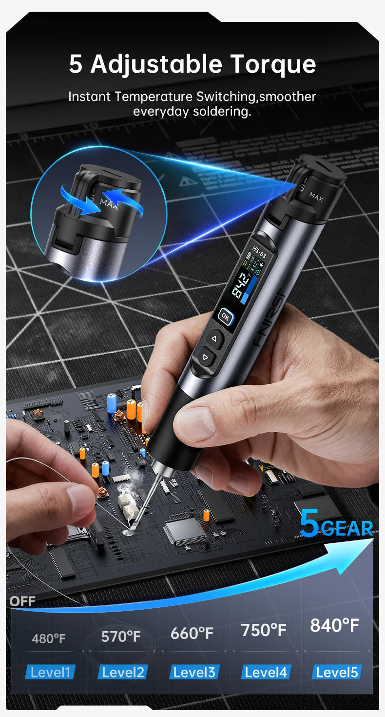 A hand holds a black soldering iron with an adjustable torque feature, positioned over a circuit board.